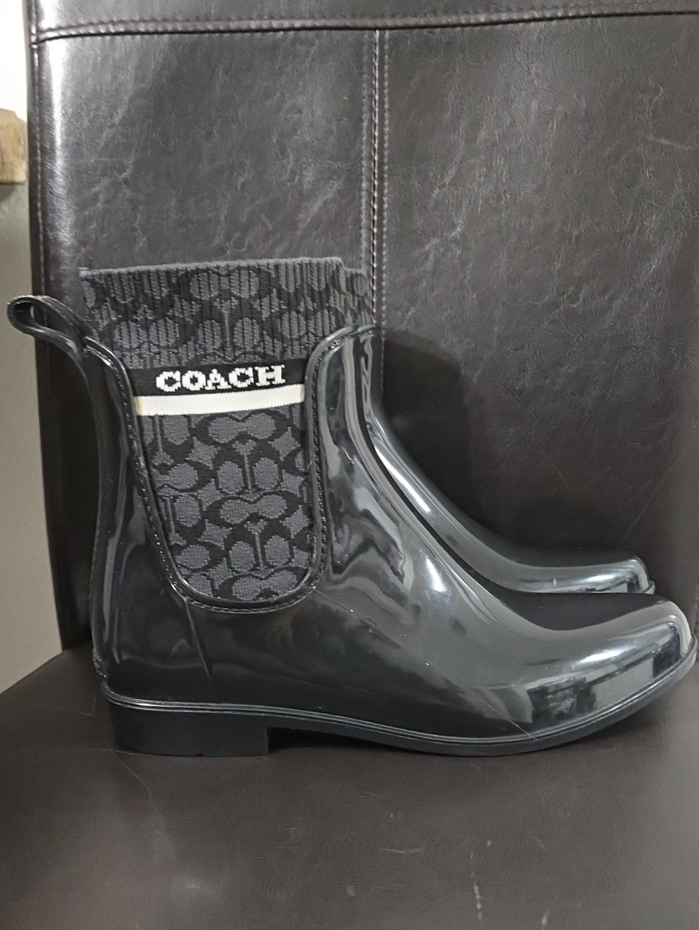Coach Glossy Black Signature Chelsea Rain Booties